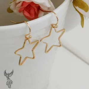 Authentic Gold Plated Pentagram Star Hollow Earrings 27mm #871