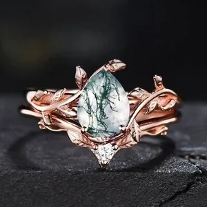 Authentic The Verdant Blossom Pear Cut Moss Agate Branch Ring Set in 14K Rose Gold