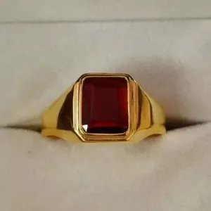Authentic Crimson Heart of the Phoenix – 3‑Carat Emerald‑Cut Garnet Ring, 14k Gold‑Plated