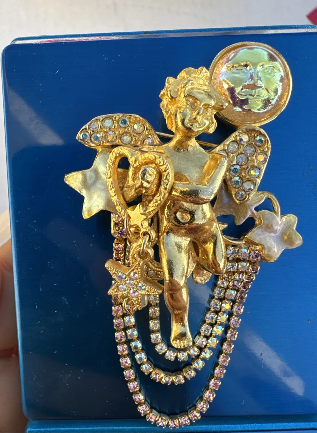 Authentic Moonlit Whispers of Endless Love: Vintage Crystal Enamel Cupid
