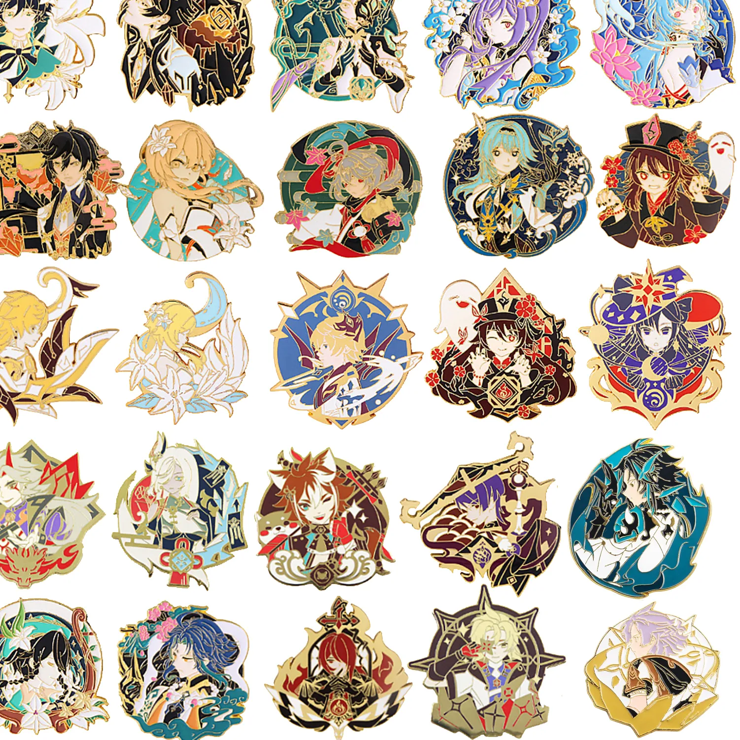 Authentic Celestial Genshin Spirit Pins – Enchanted Gold‑Plated Amulets of Zhongli, Keqing, Tartaglia, Hu Tao & More