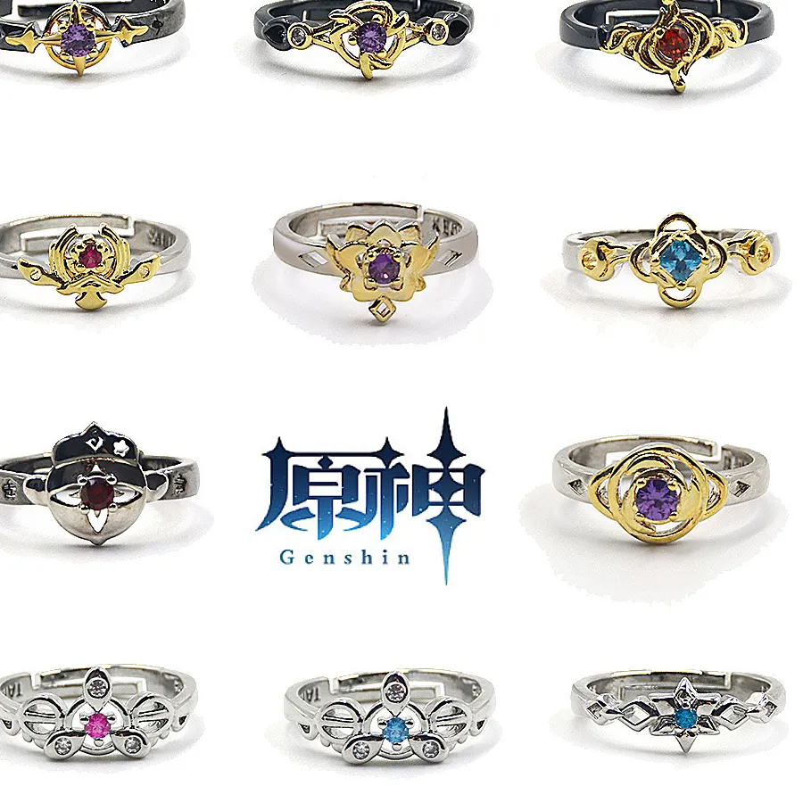 Authentic Enchanted Genshin Impact Ring - Spiritual Alignment with Guardians Diluc, Albedo, Ganyu & Xiao in Gold-Plated Mystical Jewelry