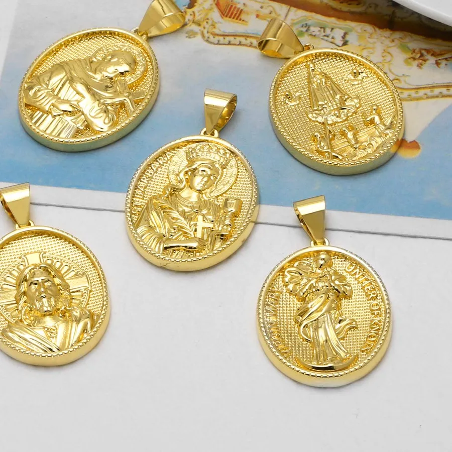 Authentic Ocesrio Religious Saint Barbara Pendants Gold Plated Oval Medal Jesus Charms For Necklace Jewelry Making Diy Pdtb949