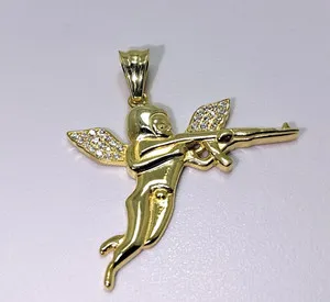Authentic 14K Yellow Gold Plated Moissanite Small Baby Cupid Love Angel Wings Gun Pendant