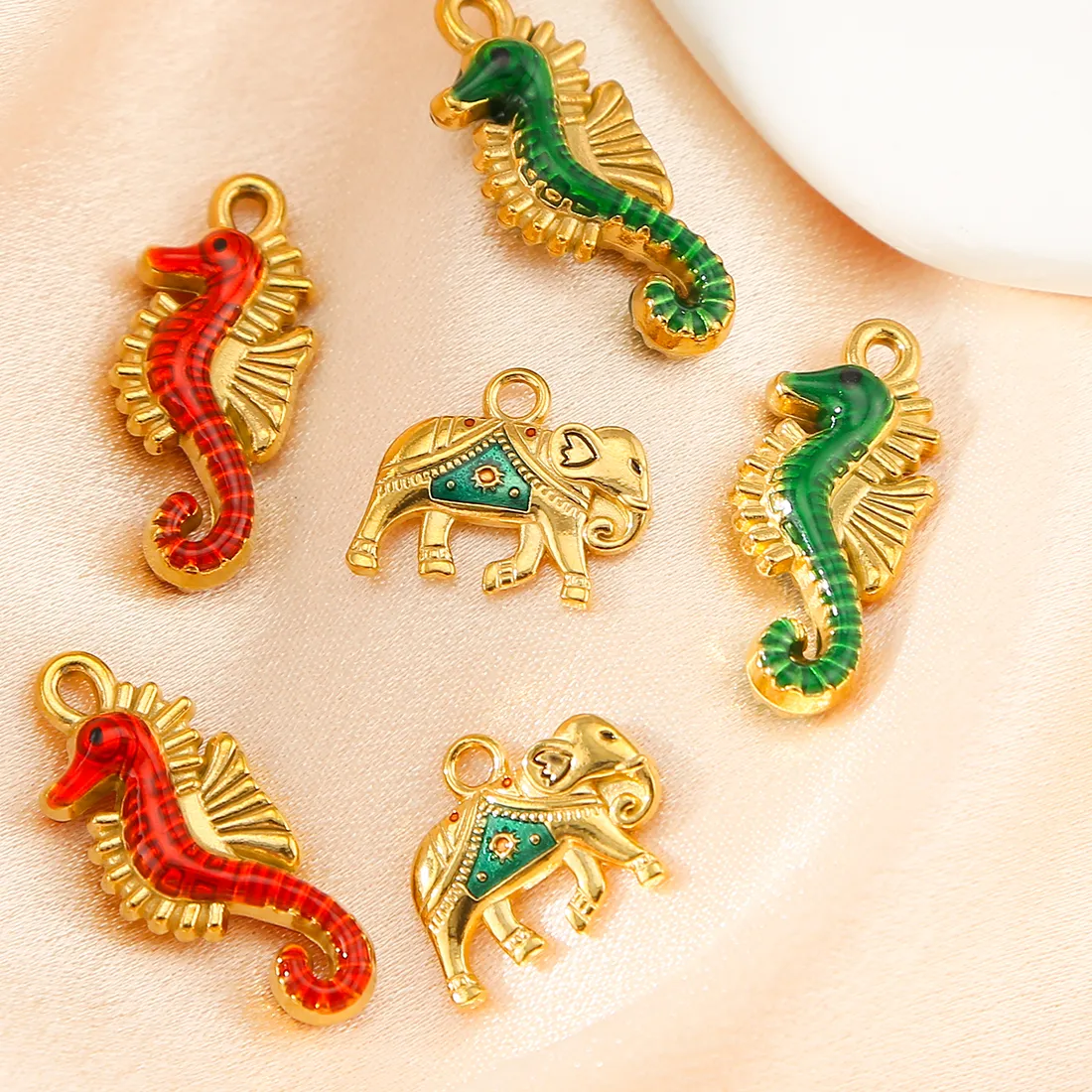 Authentic HIYEE 5PcsColorful Enamel Seahorse & Elephant Charms Gold Plated Animal Pendants for DIY Jewelry Making Necklace Bracelet Crafts