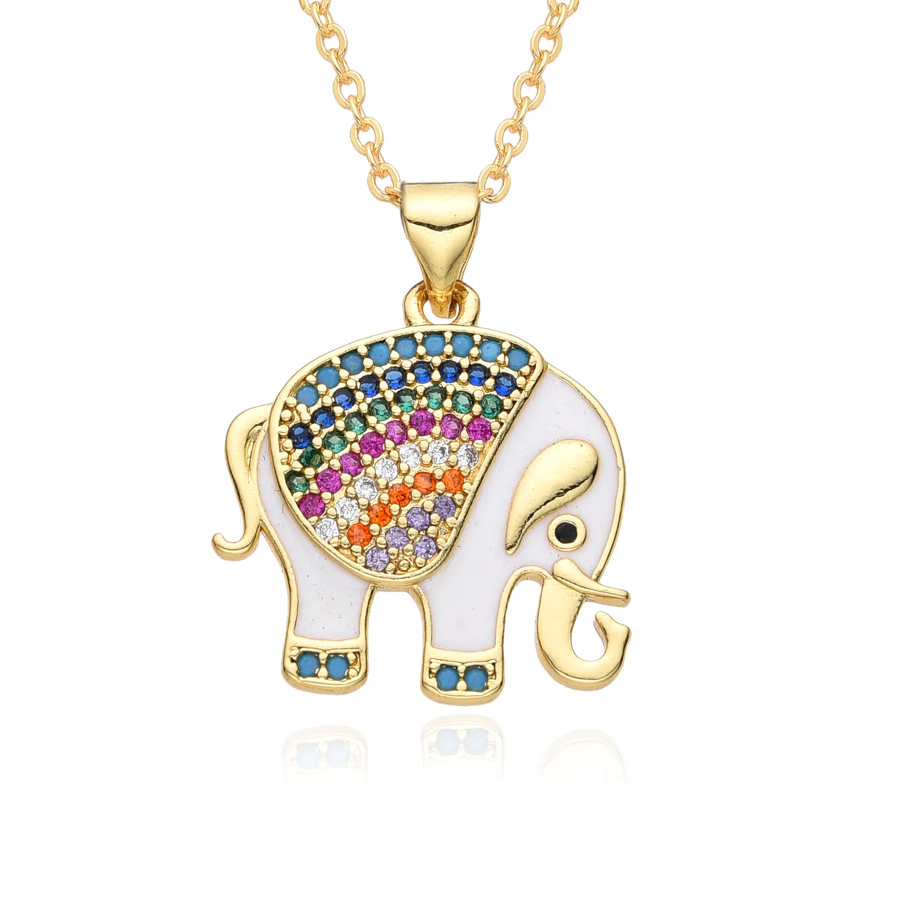 Authentic Colorful Elephant Charms Cubic Zirconia Gold Color Animal Necklace for Women Men Clavicle Chain Pendant DIY Jewelry Accessories