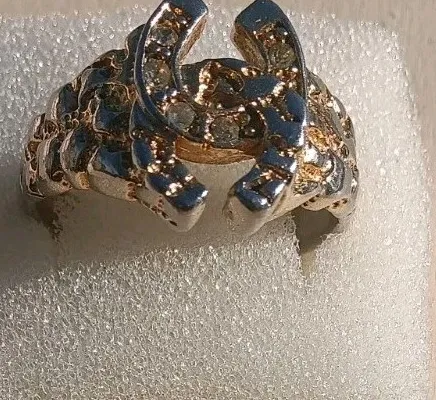 Authentic Vintage Men's Horseshoe Gold Plated Sterling Silver Ring 80s With 5 Diamonds