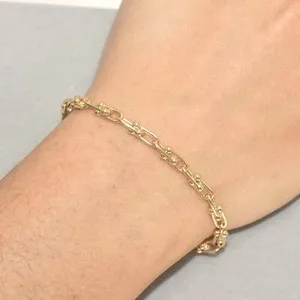 Authentic Chunky U Shape Gold Plated Bracelet, Pave Horseshoe Gold Charm Bracelet,