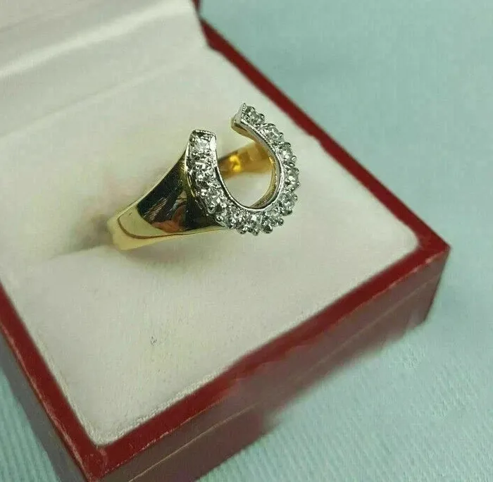 Authentic 2Ct Round Cut Real Moissanite Horseshoe Wedding Ring In 14K Yellow Gold Plated