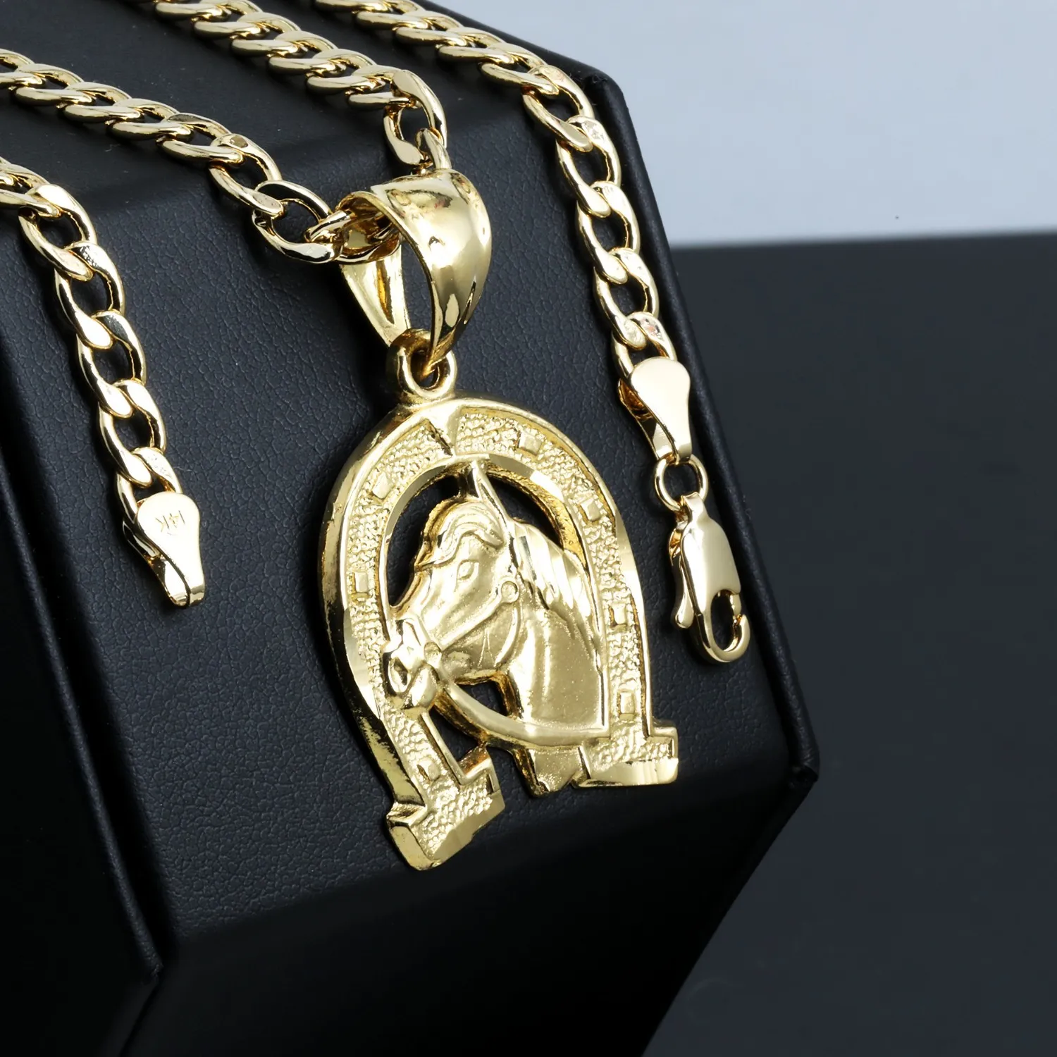 Authentic Horseshoe Pendant 14k Gold Plated 5mm 20" Cuban Link Necklace Choker Chain