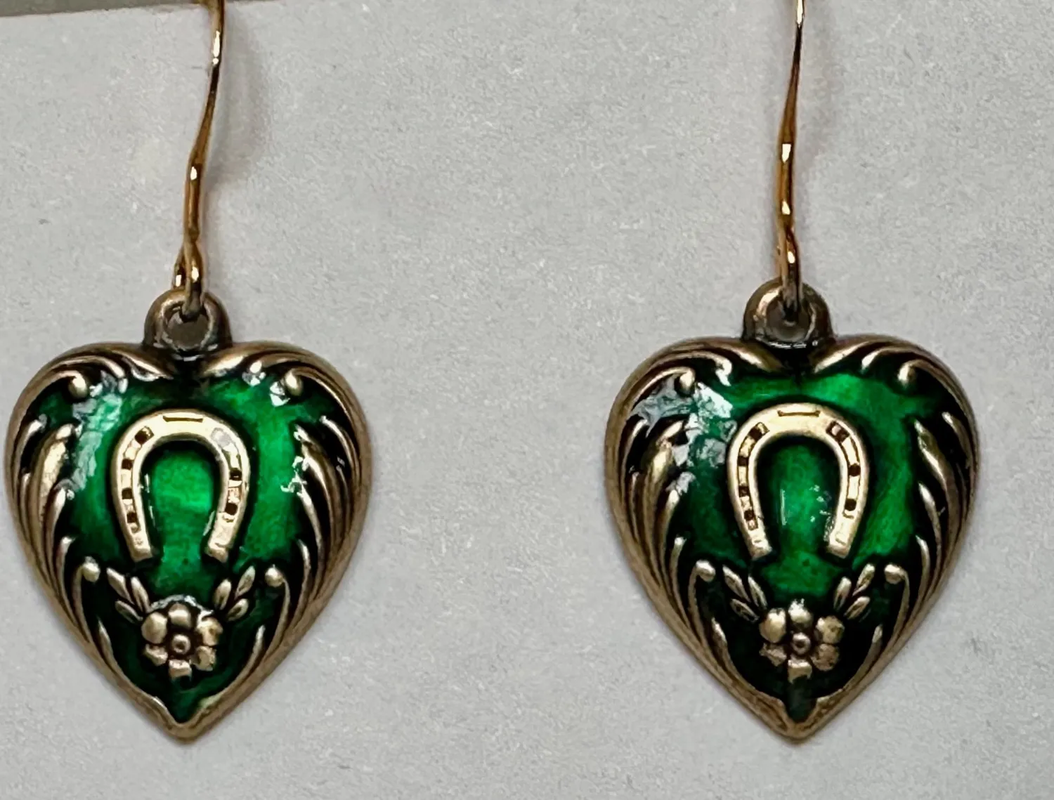 Authentic HORSESHOE IN HEART CHARM GREEN ENAMEL BRASS 3/4 OF 1" EARRINGS GOLD PLATED