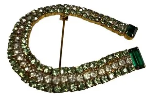 Authentic Vintage Emerald Green Gold Plated Lucky Horseshoe Rhinestone Brooch 2" EUC