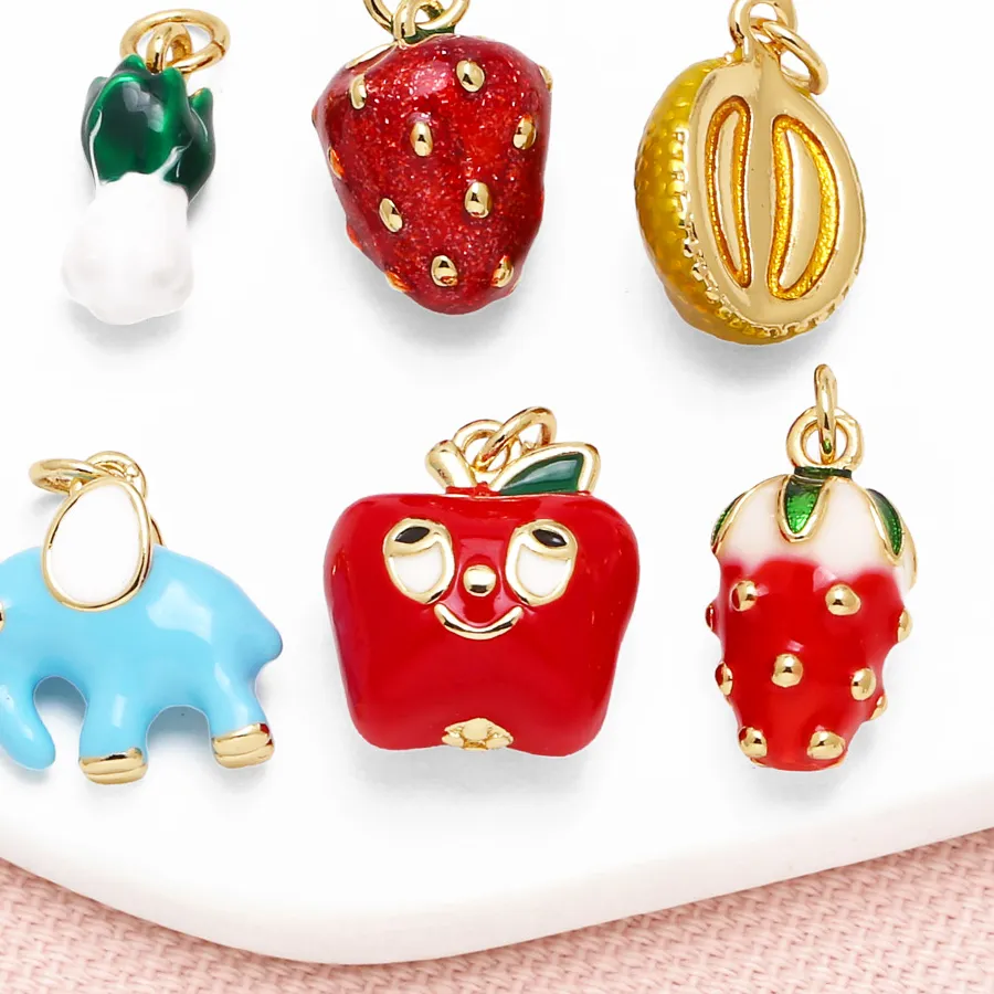 Authentic OCESRIO Small Red Enamel Strawberry Charms for Bracelet Gold Plated Apple Vegetable Jewelry Making Accessories chma328