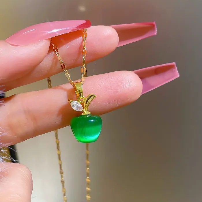 Authentic Cute Sweet Gold Color Green Opal Stone Apple Pendant Necklace for Women Charm Zircon Collar Jewelry