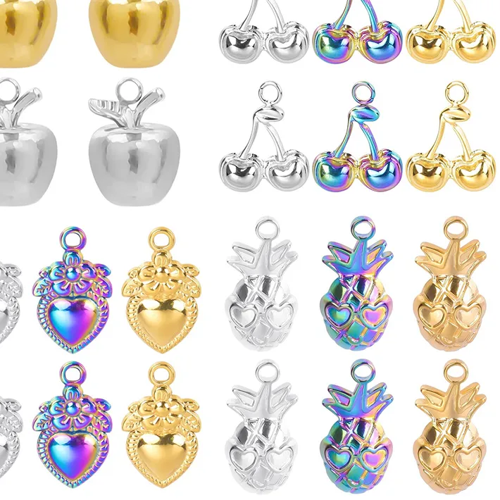 Authentic 10PCS Golden Apple Cherry Charms Pendants Stainless Steel DIY Jewelry Making Accessories For Women Bracelet Necklace Earrings