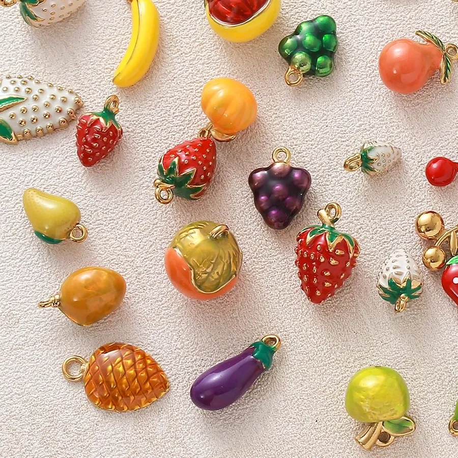 Authentic 4 Pcs/Lot Gold Plated Stainless Steel 3D Fruit Series Enamel Pendants Apple Banana Cherry Strawberry DIY Jewelry Accessories