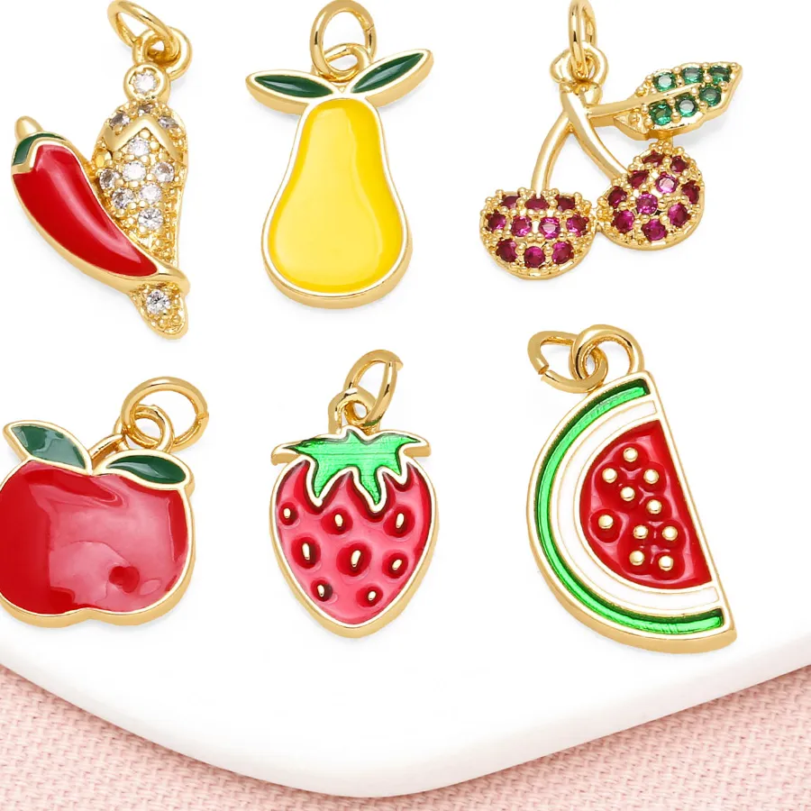 Authentic Ocesrio Red Enamel Apple Strawberry Watermelon Charms For Bracelet Gold Plated Cherry Jewelry Making Supplies Chma379