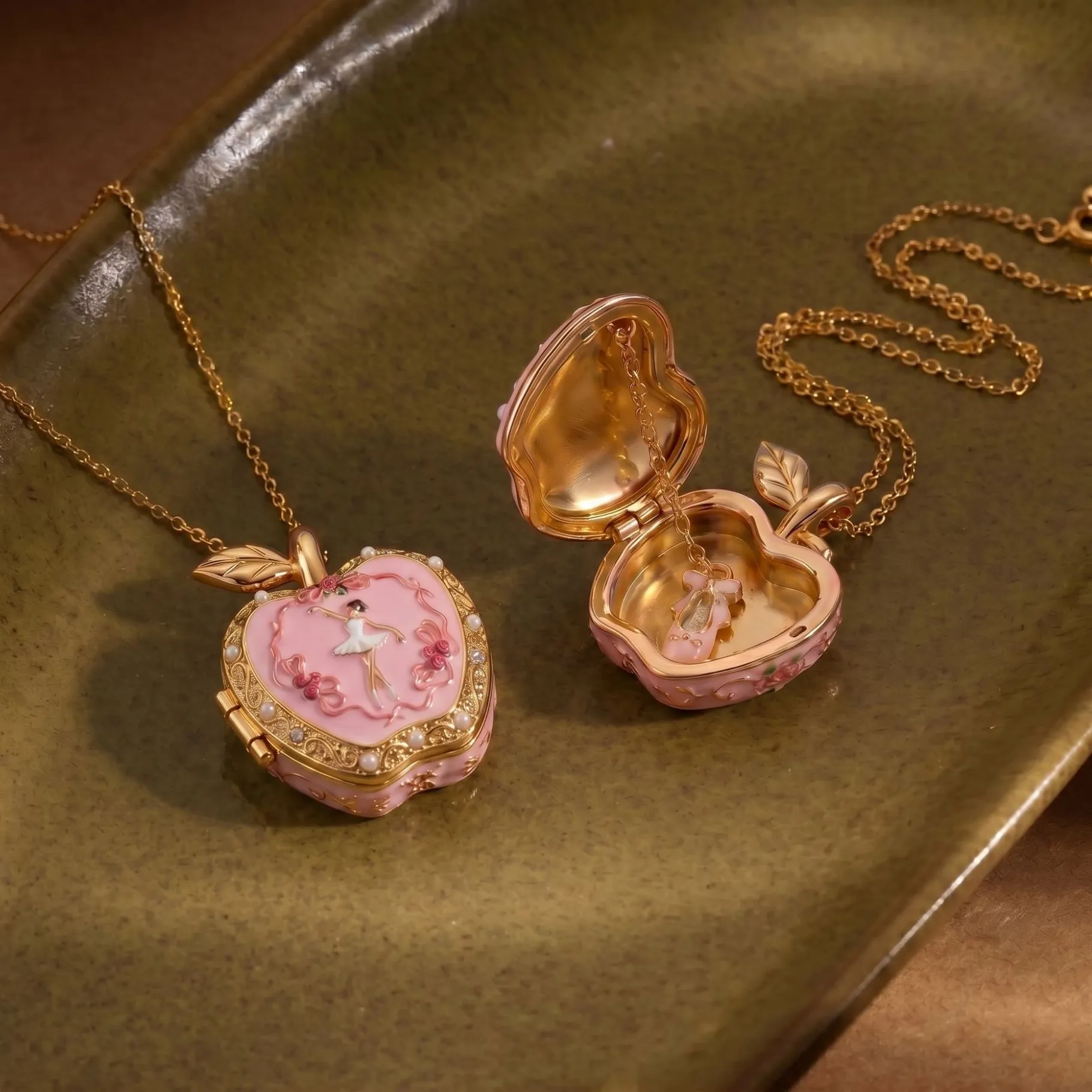 Authentic Pink Gold Apple Opening and Closing Box Necklace for Women Girls Simple Cute Fun Ballet Style Pendant Necklace Jewelry Accessory