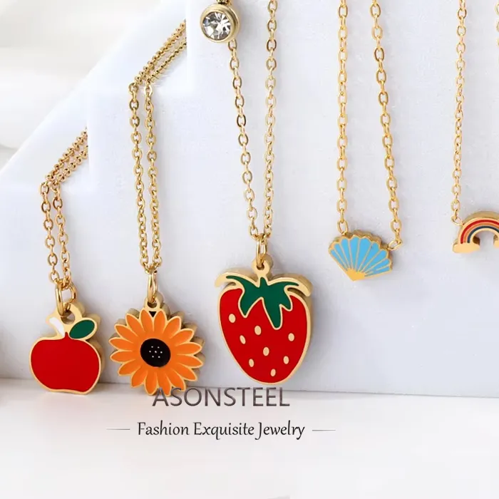 Authentic ASONSTEEL Rainbow Apple Gold Color Necklace For Women Jewelry Flower Charm Pendant Necklace Choker Chains