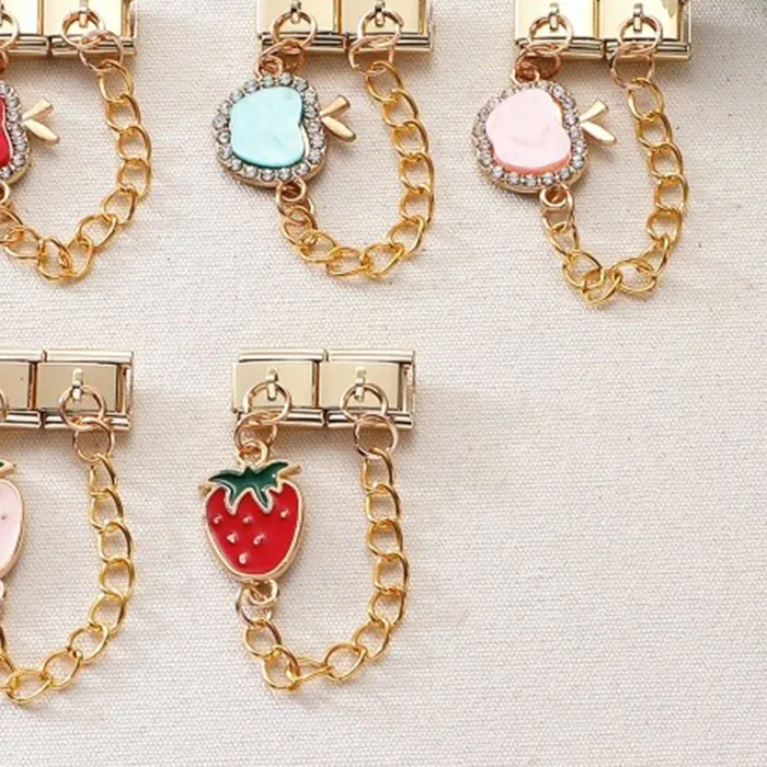 Authentic Cherry Strawberry Apple Zircon Tassel Chain Italian Gold Color Charm Link Fit 9mm Stainless Steel Bracelet Women DIY Making Gift
