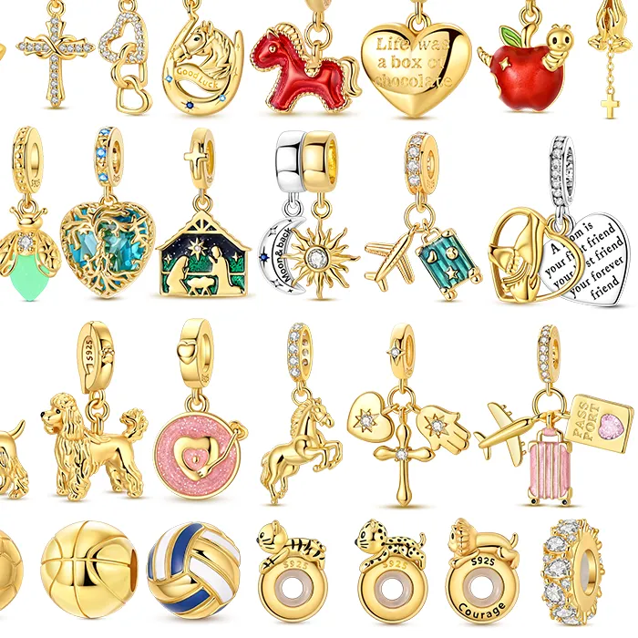Authentic Golden Celestial Charm Set: Dog, Apple, Horse & Stars – 925 Silver Amulet for Women's Bracelet