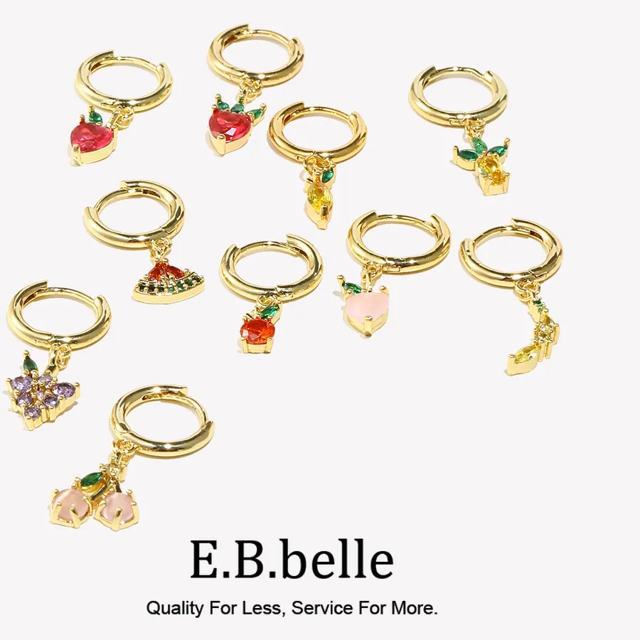 Authentic E.B.belle  Summer Hot Gold Color Filled CZ Fruit Grape Apple peach Cherry Charm Hoop Earrings Girl's Cute Small Hoop Earring