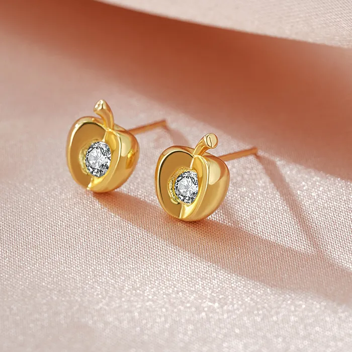 Authentic New Creative Cute Gold Color Single Zircon Little Apple Section Stud Earrings for Woman Korean Piercing Jewelry Accessories Gift