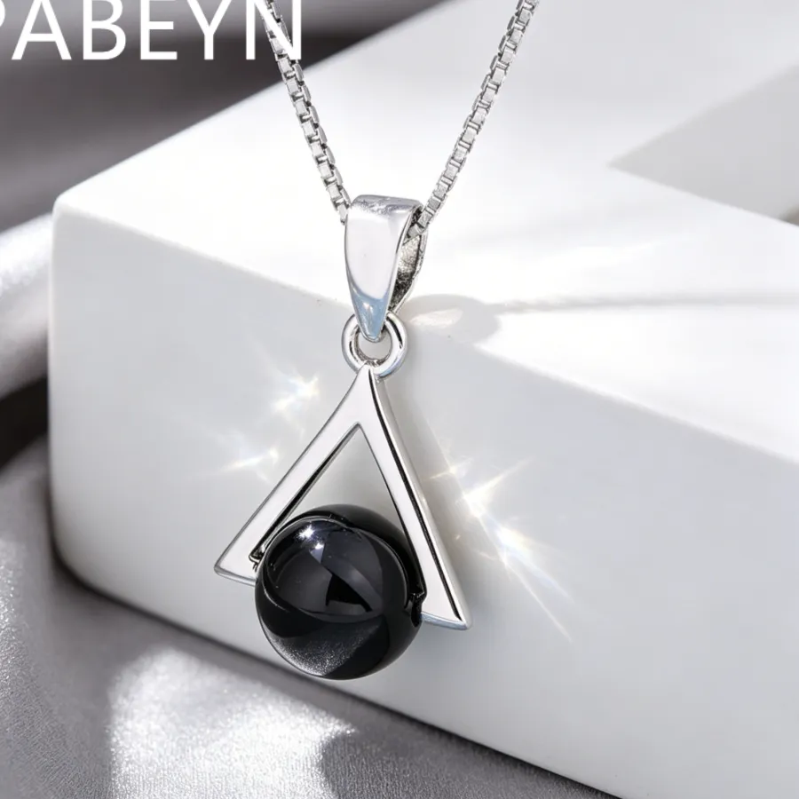 Authentic 925 Sterling Silver Stylish Simple Black Agate Triangle Pendant Necklace Birthday Party Anniversary