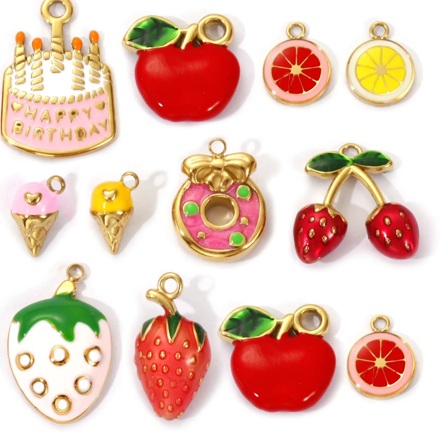 Authentic 1 Piece 304 Stainless Steel Charms 18K Gold Plated Enamel Cake Fruit Strawberry Doughnut Lemon Apple Pendant For DIY Necklace