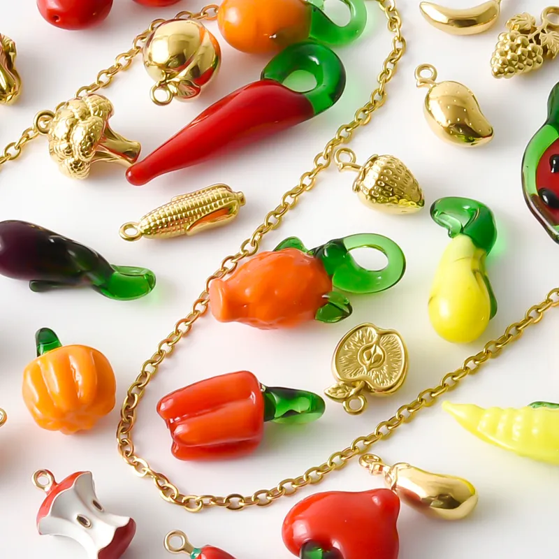 Authentic Real Gold Plated Stereoscopic Fruits/Food Pendant 316 Stainless Steel Pepper Eggplant Banana Apple Charm For Jewelry Making Bulk