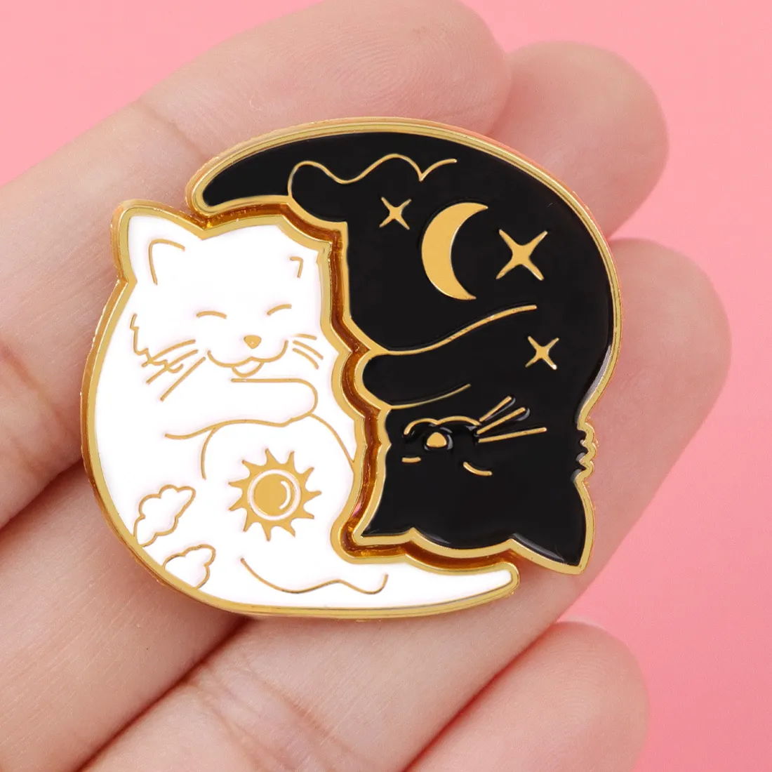 Authentic Yin Yang Hugging Black White Cat Enamel Pin Sun Moon Star Celestial Witchy Lapel Brooch Backpack Badge Jewelry