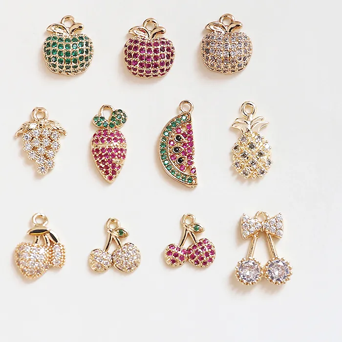 Authentic 6pcs Fruit Set Zircon Encrusted Gold Color Watermelon Cherry Apple Pendant Diy Handmade Jewelry Earrings Bracelet Charms