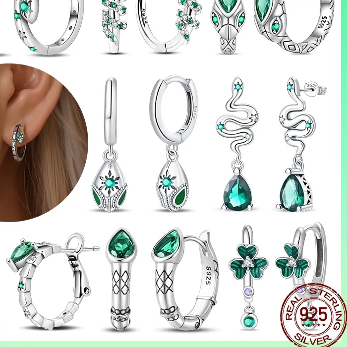 Authentic 925 Silver Snake Lucky Green Shiny Zirconia Pendant Earrings Original Exquisite Jewelry Women