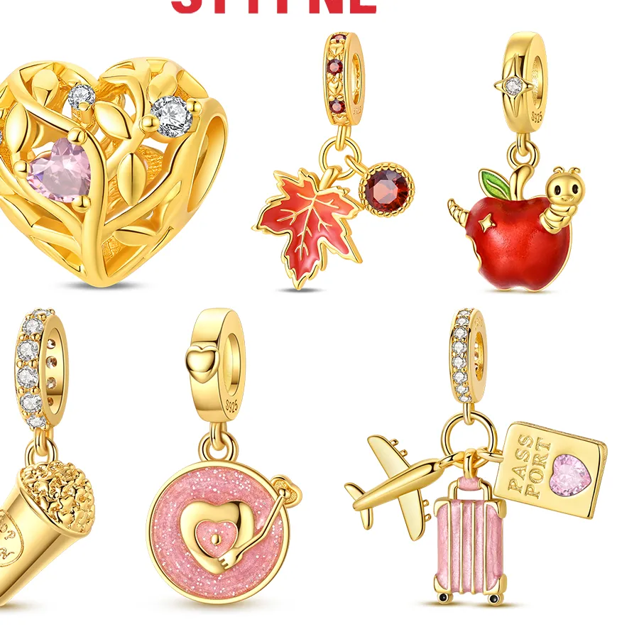 Authentic Gold Charms 925 Silver Zircon Love Tree of Life Beads Popcorn Luminous Apple Pendant Fit Original Bracelet DIY Jewelry Gifts
