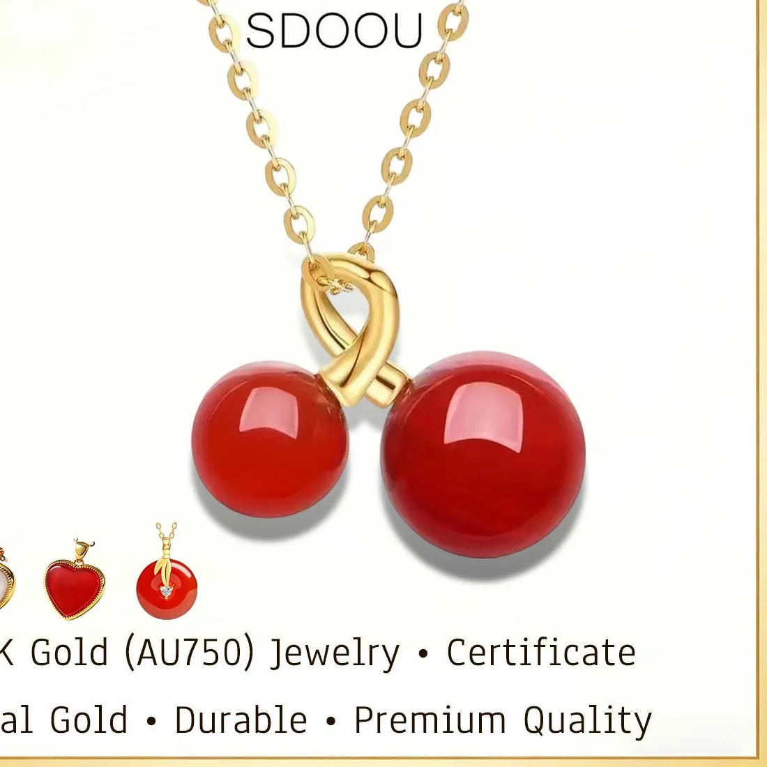 Authentic SDOOU Real 18K Gold Natural Red Agate Apple Pendant Necklace For Girls Love Heart/Fruit Cherry shaped Au750 Pendant Sweet Gifts