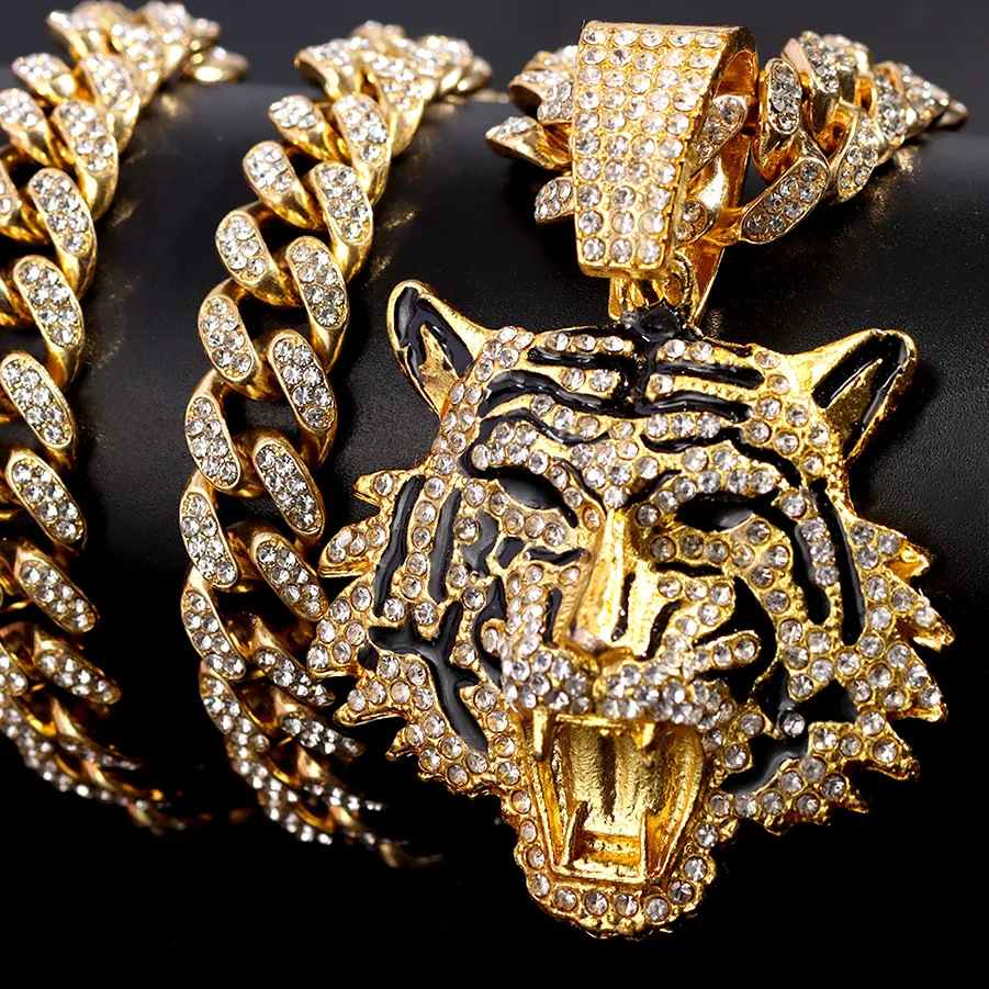 Authentic HipHop Tiger Pendant Necklace for Men Women Iced Out Cuban Link Chains Luxury Crystal Cuban CZ Necklaces Jewelry