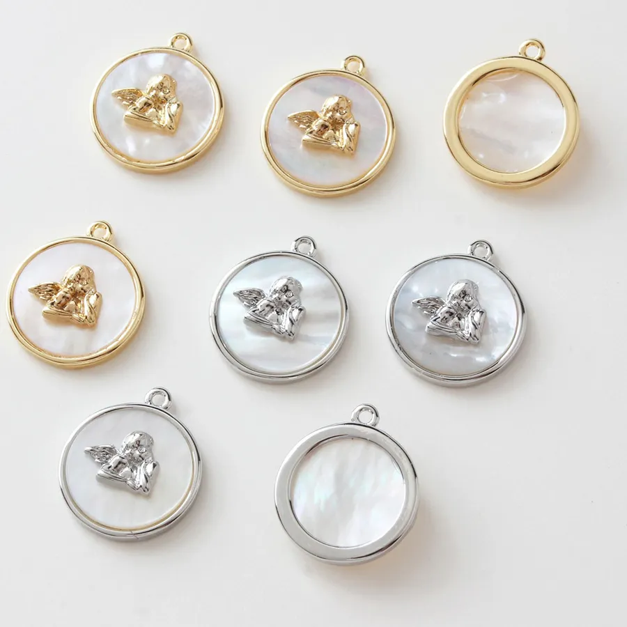 Authentic 2pcs 15mm Round Natural Shell Angel Cupid Pendant Charms for Jewelry Making Necklace DIY Hand Gold Plated Accessories