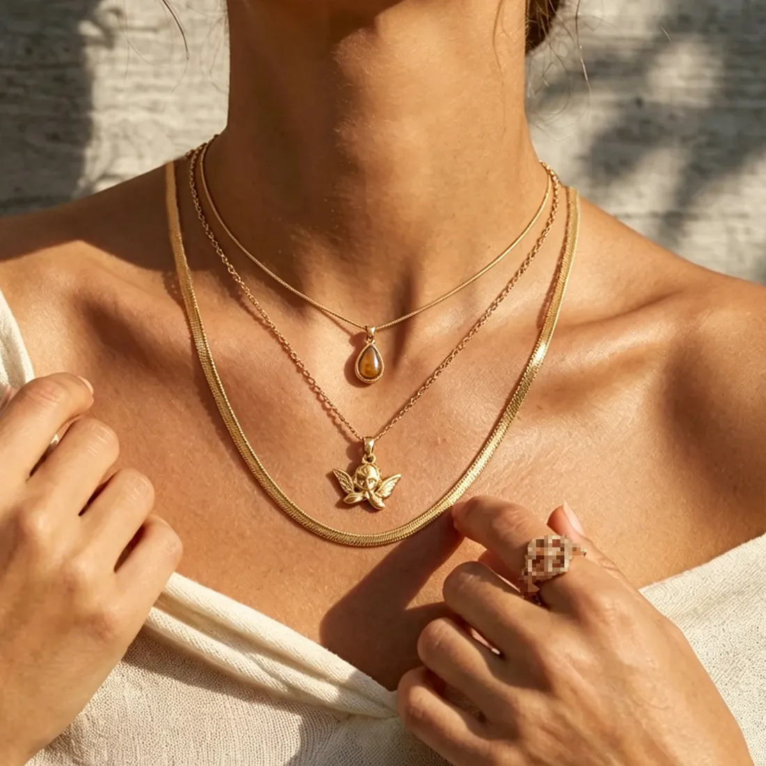 Authentic AURORA Vintage Gold Cupid Pendant Necklace For Women's Tiger's Eye Natural Stone Charm Luxury Layered Choker Necklaces Jewelry