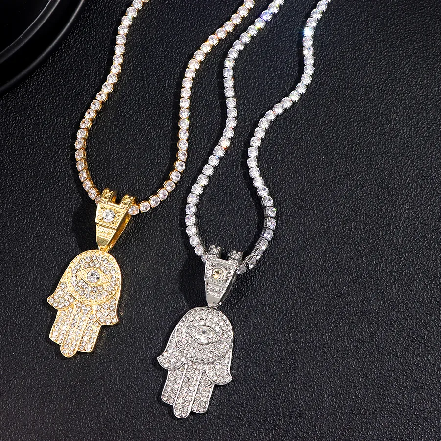 Authentic Bling Crystal Hamsa Hand Evil Eye Pendant Zircon Necklace For Women Iced Out Cuban Link Chain Necklace Men Punk Hip Hop Jewelry