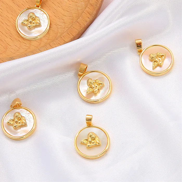 Authentic Cute 18K Gold Plated Cupid Angel Charm Pendant with Natural Shell MOP for Necklace DIY Jewelry Making