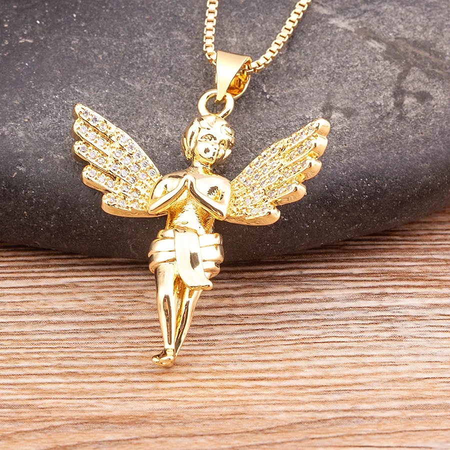 Authentic Nidin Design Boy Cherub Wings Pendant Necklace Cupid Love God Gold Color Zircon Long Chain Charm Collar Jewelry Party