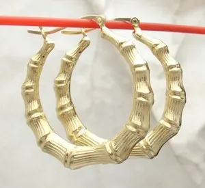 Authentic Technibond Graduated Bamboo Hoop Earrings 14K Yellow Gold Plated 925 Silver