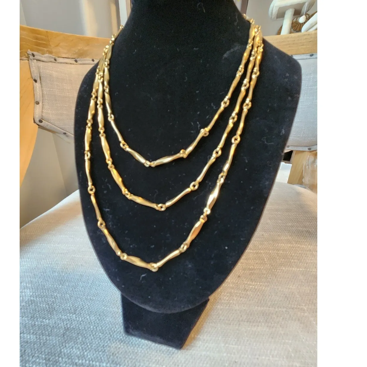 Authentic Vintage Monet Gold Plated Extra Long Bamboo-Link Necklace 56 " Double/Triple