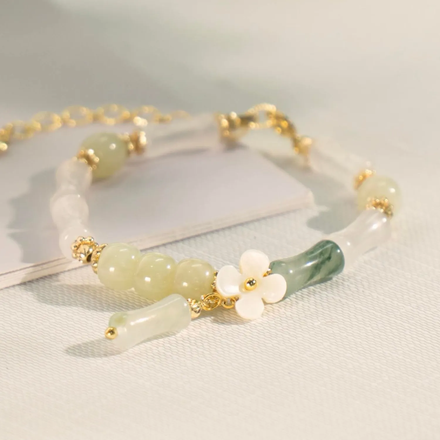 Authentic Mystic Jade Bamboo Bracelet with Mother‑of‑Pearl Bloom – Gold‑Plated Aura Harmonizer