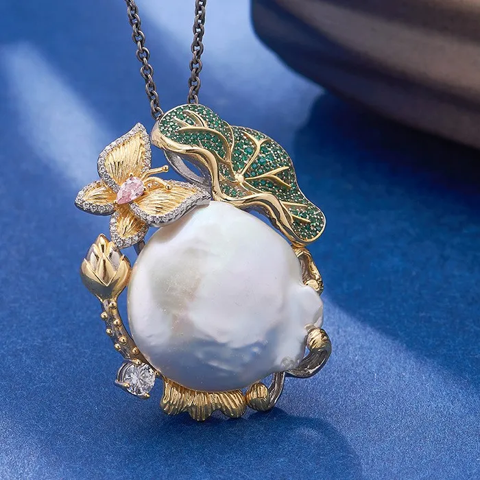 Authentic Bocai S925 Silver Charms Pendants Contrast Colored Lotus Butterfly Inlaid Baroque Pearl Micro Zircon Jewelry