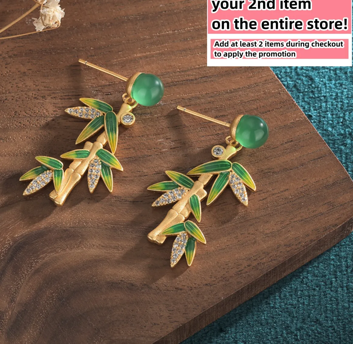 Authentic Green Jade Crystal Bamboo Leaf Drop Dangle Earrings 18K Gold Plated Boho Jewelry