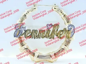 Authentic PERSONALIZED 14K GOLD PLATED 3:00" ROUND BAMBOO NAME EARRINGS Choose any name