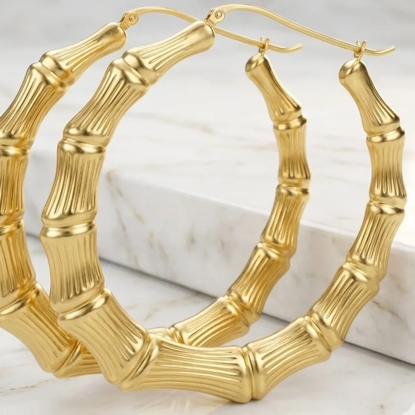 Authentic 3" Large Graduated Round Bamboo Hoop Earrings 14K Yellow Gold Plated Silver