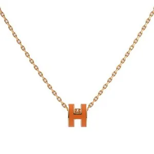Authentic Hermes Necklace Pendant Mini Pop H Orange Pink Gold Plated Ash Used
