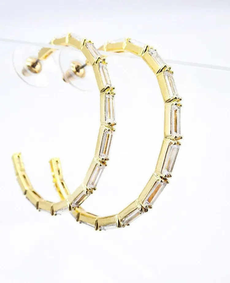 Authentic GORGEOUS 18kt Gold Plated 14 PC Baguette CZ Crystals Bamboo Motif Hoop Earrings